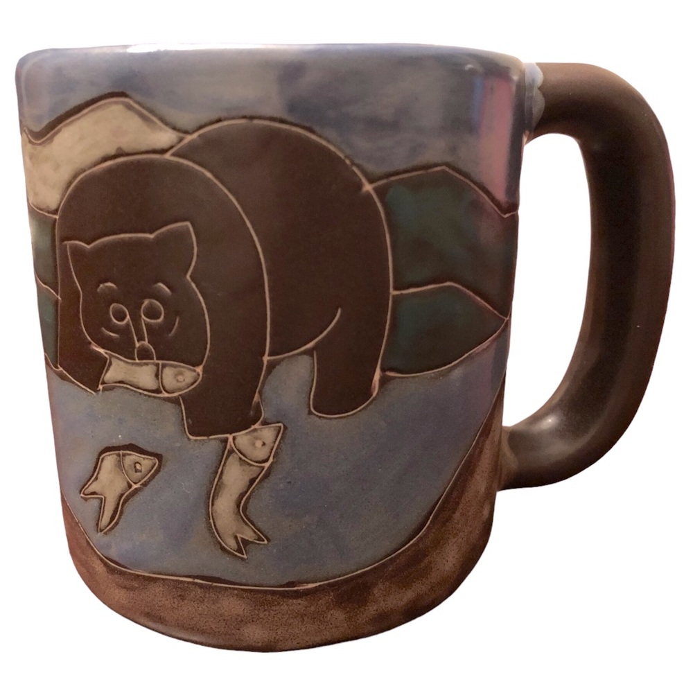 Stoneware Pottery by Mara Mex Black bear fishing fish catch river mountains mug